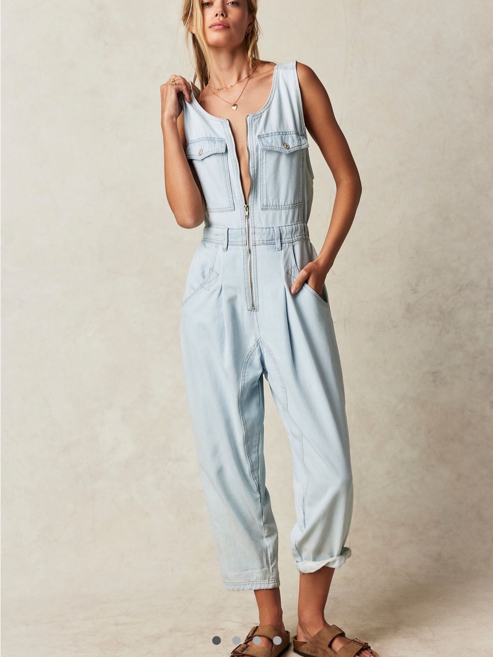 Free People CLOUD NINE Zip-Front Denim Jumpsuit